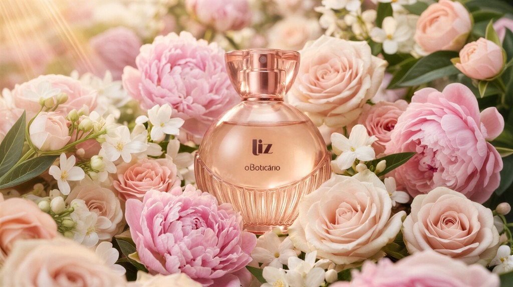 Campanha Liz o Boticário: frasco entre rosas e peónias cor-de-rosa, luz suave e flare dourado