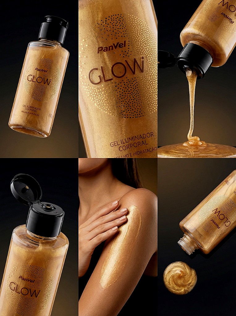Colagem publicitária Panvel GLOW: gel iluminador corporal em vários ângulos, luz dourada e textura metálica