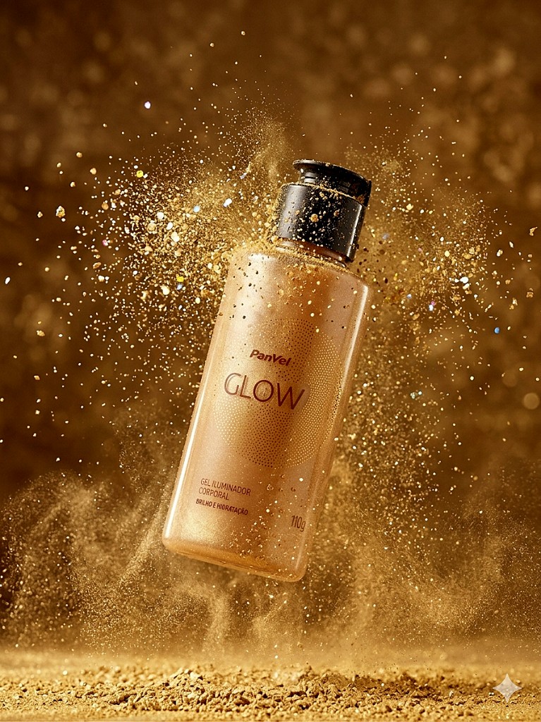 Panvel GLOW: frasco com explosão de glitter dourado, luz quente e acabamento cinematográfico