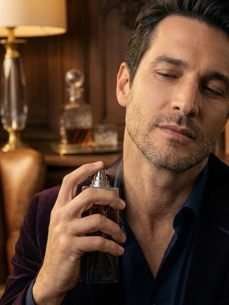 Cena cinematográfica Malbec: homem a aplicar perfume no pescoço, blazer veludo e ambiente com luz quente