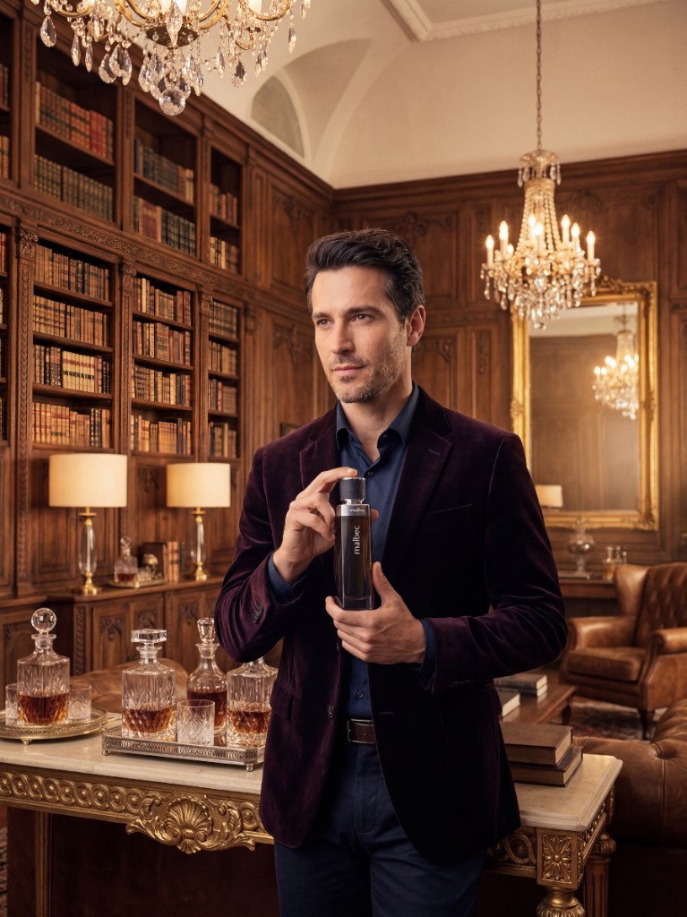 Editorial Malbec: homem com frasco ao peito em biblioteca clássica, lustres, madeira e mesa com decantadores