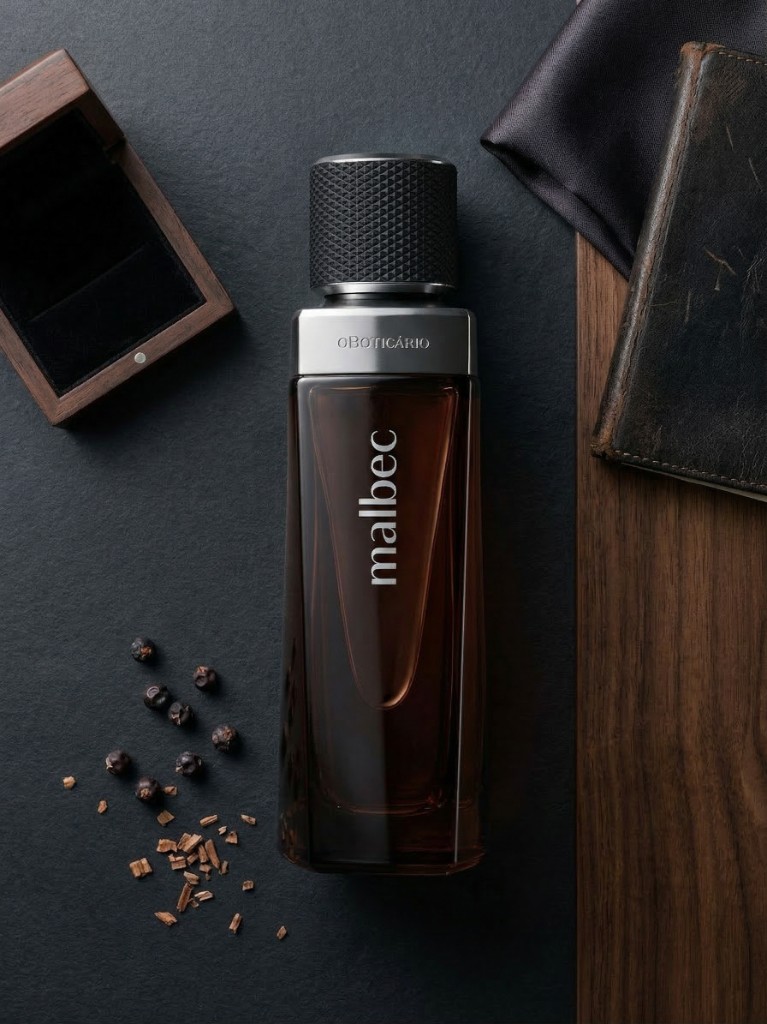 Still life luxury Malbec: frasco com elementos de madeira, textura e paleta escura