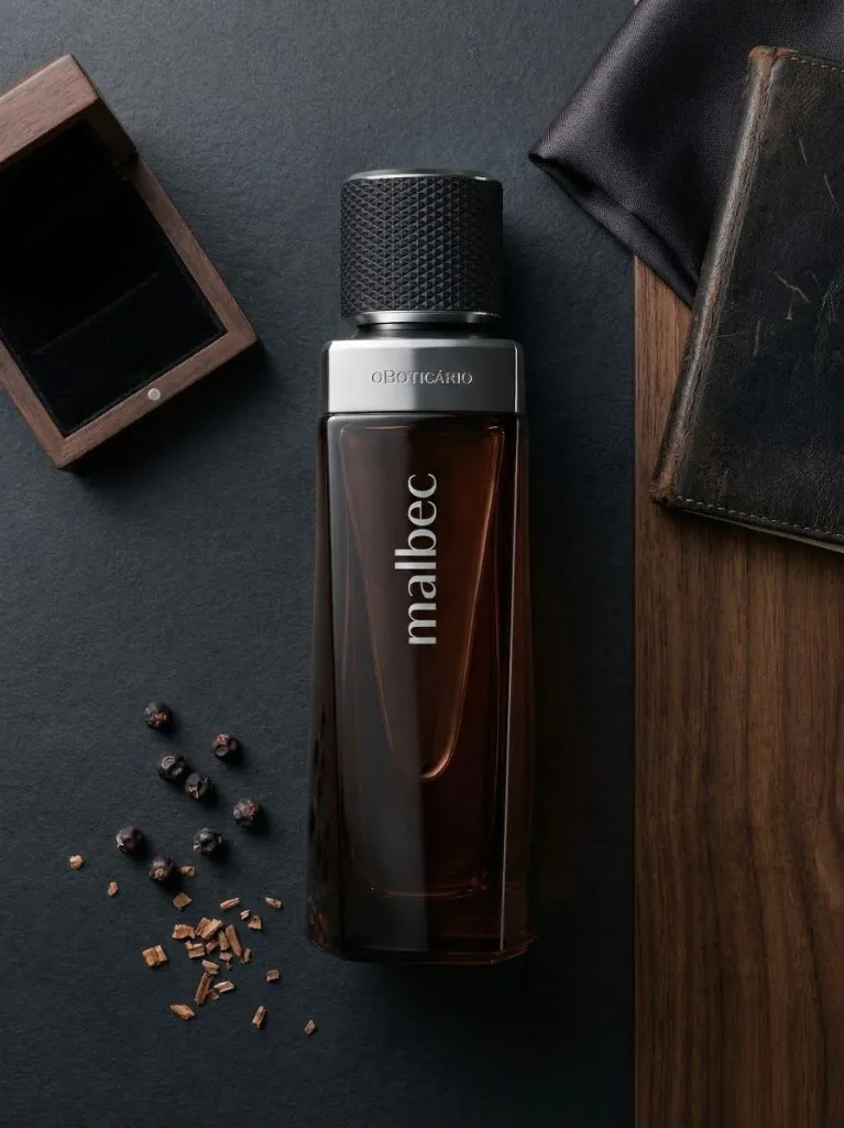 Still life luxury Malbec: frasco com elementos de madeira, textura e paleta escura