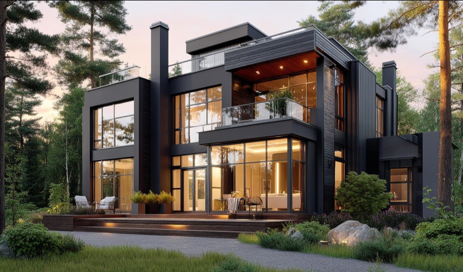 Visualização arquitetónica — casa moderna escura em pinhal, versão inicial