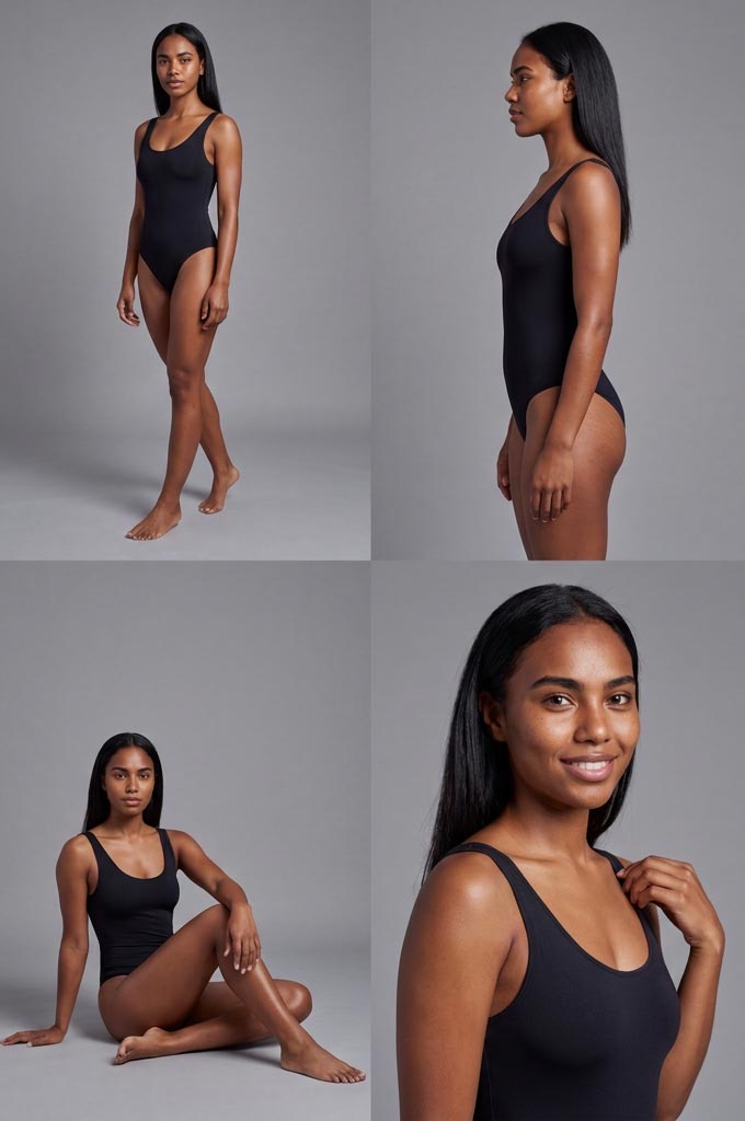Grade com quatro poses da mesma modelo em estúdio: corpo inteiro, perfil, sentada e close sorrindo — mesma identidade em todas as poses