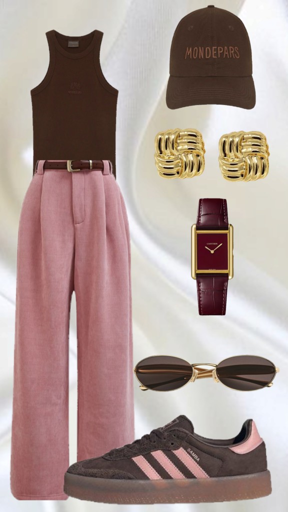 Flat lay de look casual: regata marrom, calça de veludo cotelê rosa, tênis estilo Samba marrom e rosa, e acessórios coordenados em marrom e dourado