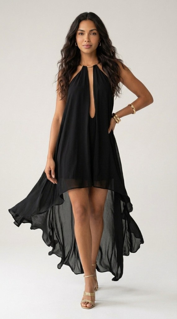 Editorial de moda em estúdio: modelo com vestido preto, styling e pose para look influenciador com IA