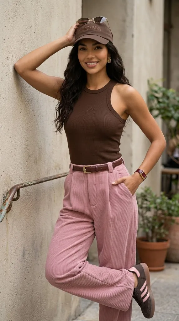 Retrato lifestyle ao ar livre: modelo encostada a parede de pedra, look marrom e rosa em veludo, boné e ténis
