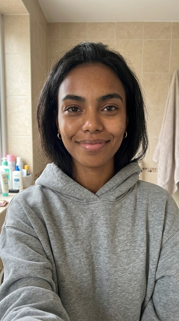 Foto de referência real: mulher em selfie casual com moletom cinza, freckles e luz natural — ponto de partida para modelos e cenários com IA