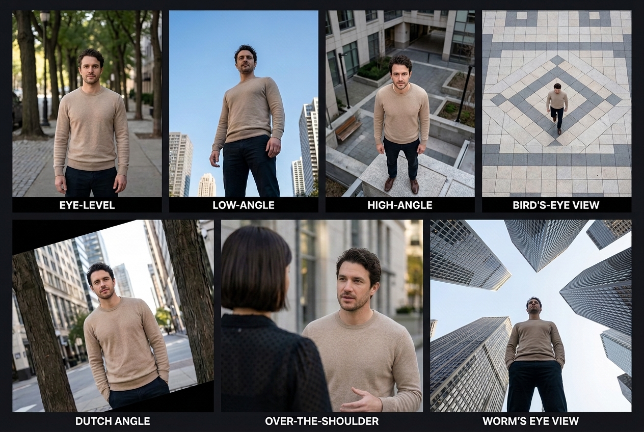 Referência visual: eye-level, low-angle, high-angle, bird's-eye view, dutch angle, over-the-shoulder e worm's eye view