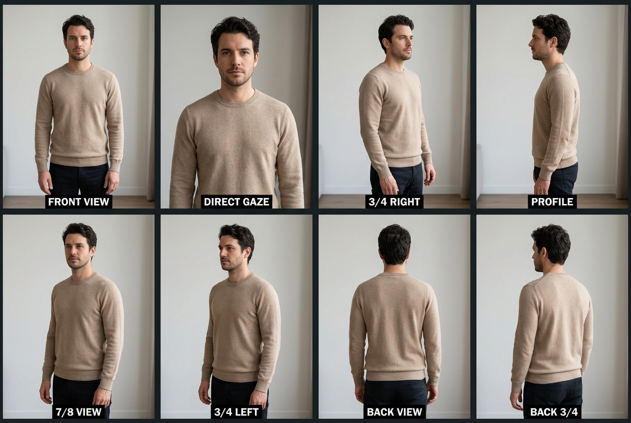 Referência visual: front view, direct gaze, 7/8 view, 3/4 left, 3/4 right, profile, back view e back 3/4