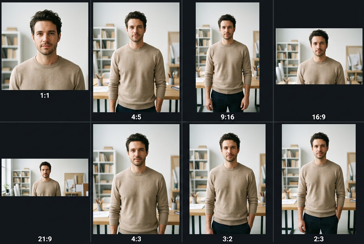 Referência visual: 1:1, 4:5, 9:16, 16:9, 21:9, 4:3, 3:2 e 2:3 aspect ratio