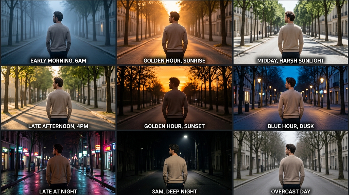 Referência visual: early morning 6am, golden hour sunrise, midday harsh sunlight, late afternoon 4pm, golden hour sunset, blue hour dusk, late at night, 3am deep night e overcast day
