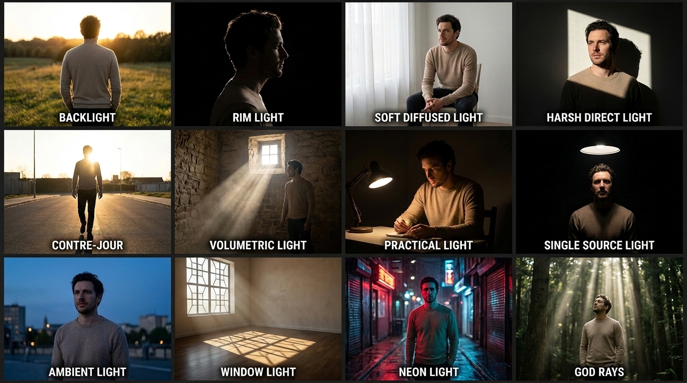 Referência visual: backlight, rim light, luz difusa, luz dura, contre-jour, volumétrica, prática, fonte única, ambiente, janela, neon e god rays